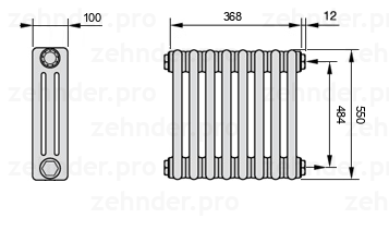Схема (чертеж) Радиатор Zehnder Charleston 3055/8 №7610 Белый глянцевый RAL 9016